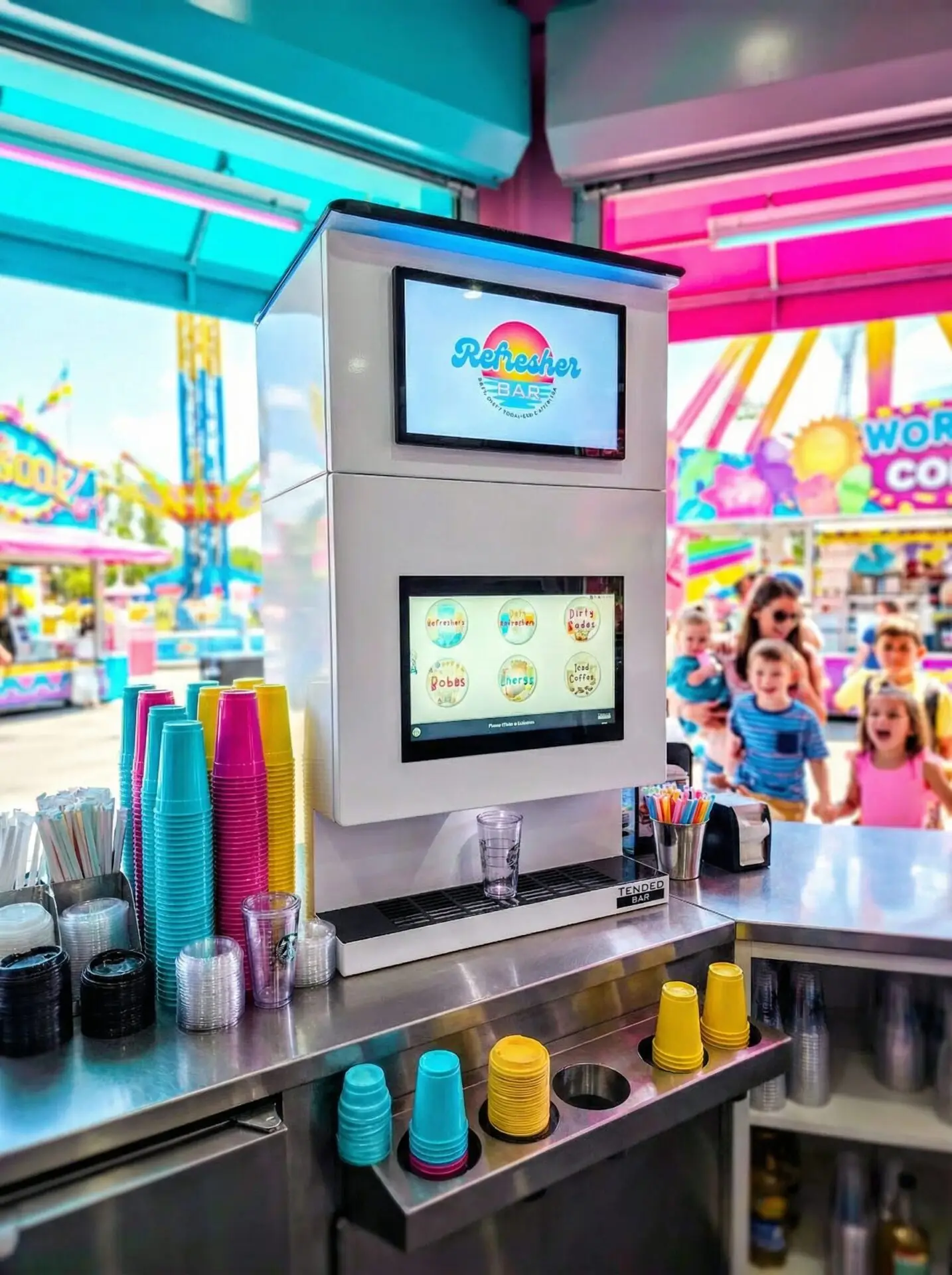 TendedBar Refresher Bar automated beverage kiosk installed at a theme park midway with rides in the background