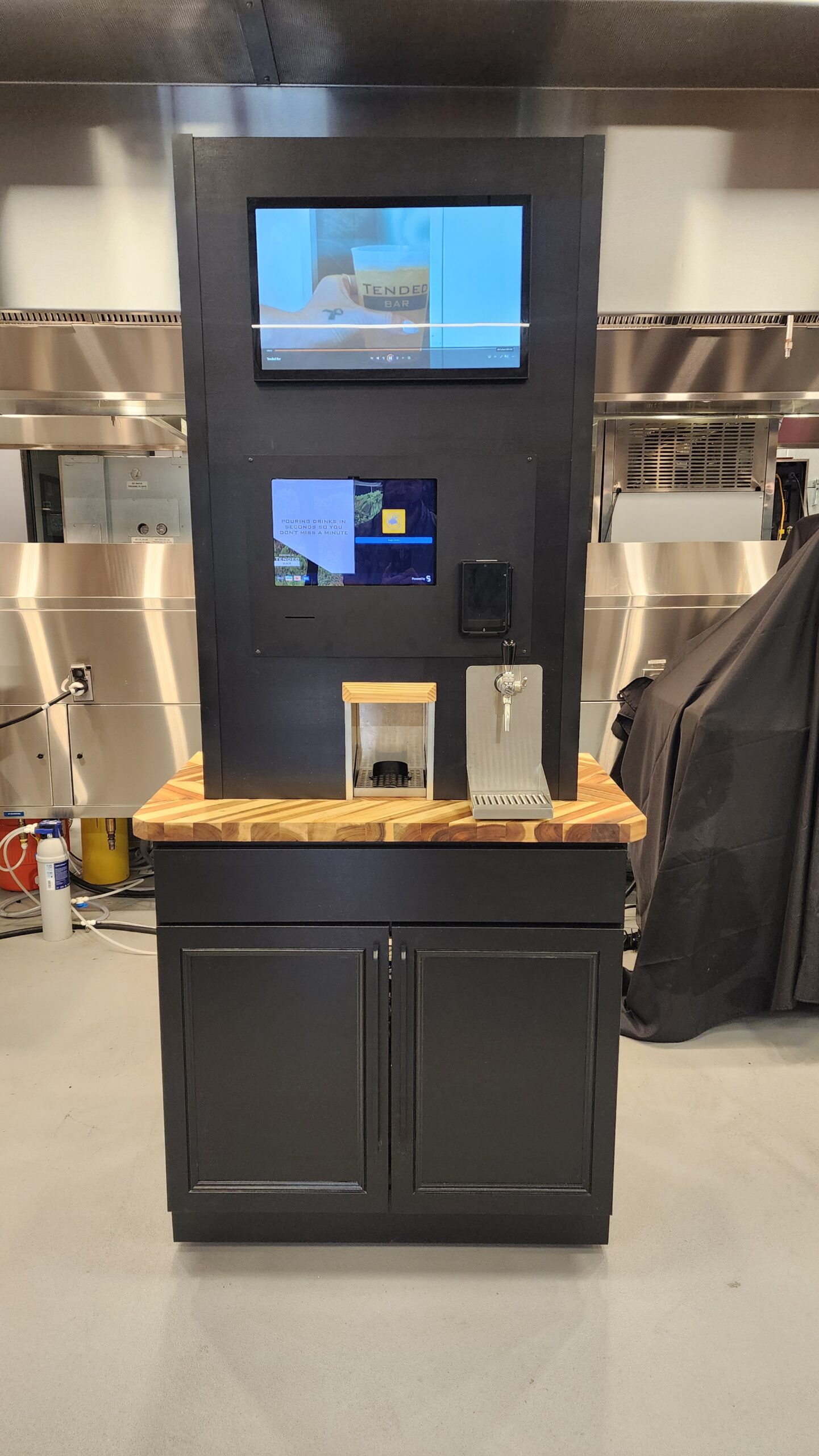 TendedBar back-of-house countertop dispenser with bag-in-box style ingredient staging area